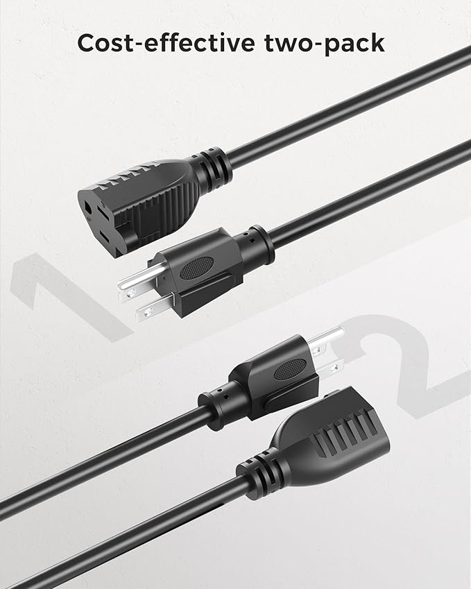 [ETL Listed] Cable Matters 2-Pack 16 AWG Heavy Duty 13A Power Extension Cord - 6ft, 3 Prong Power Cord Extension, NEMA 5-15P to NEMA 5-15R, Black
