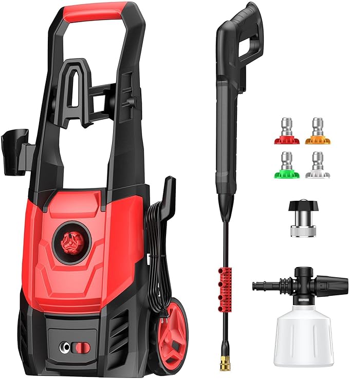 Electric Pressure Washer Power Washer with Foam Cannon & 4 Quick Connect Nozzles, Portable High Pressure Cleaning Machine for Cars Driveways Patios Outdoor Cleaning