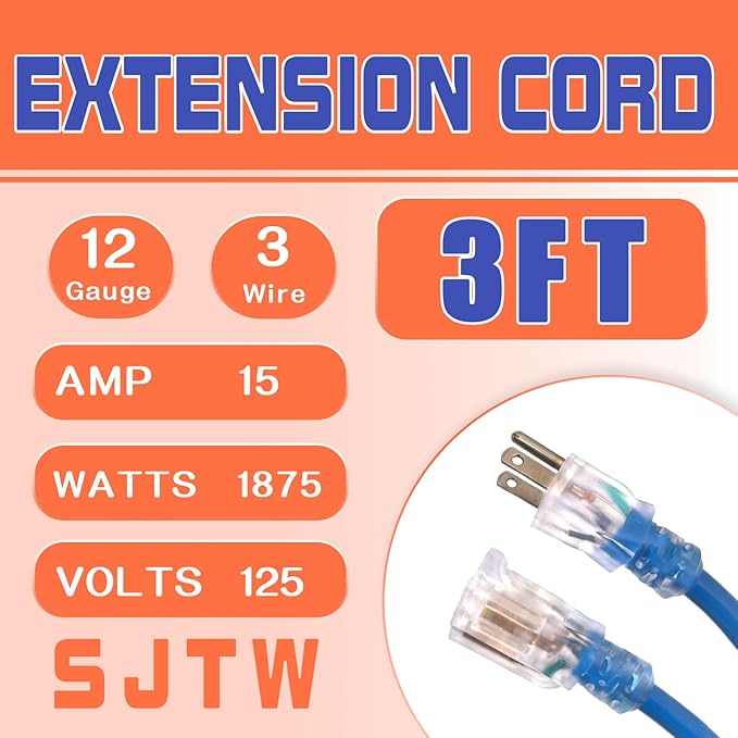 Indoor Extension Cord with Lighted End, 12 Gauge Heavy Duty Extension Cord 3 FT, 3 Prong Grounded 15 Amp Extension Cord, 12/3 SJTW Power Cord for Garage, Garden, Appliance, UL Listed, Blue