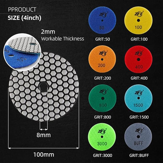 Diamond Polishing Pads, ZFE 9Pcs 4 Inch 100mm Dry Polishing Pads Set with 5/8”-11 Backing Plate for Granite Concrete Marble Quartz Stone Countertop Polishing