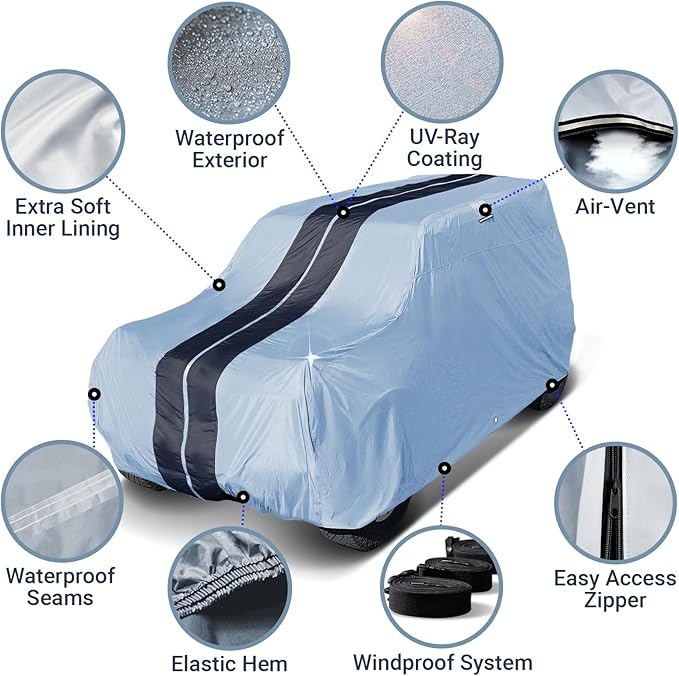 iCarCover Premium Plus SUV Car Cover Waterproof All Weather Rain Snow UV Sun Protection, CJ-5, Wrangler, FJ40, Tracker 2-Door, Sidekick 2-Door, Samurai, Size S56 (See Size Chart) Stripe - Gray/Black