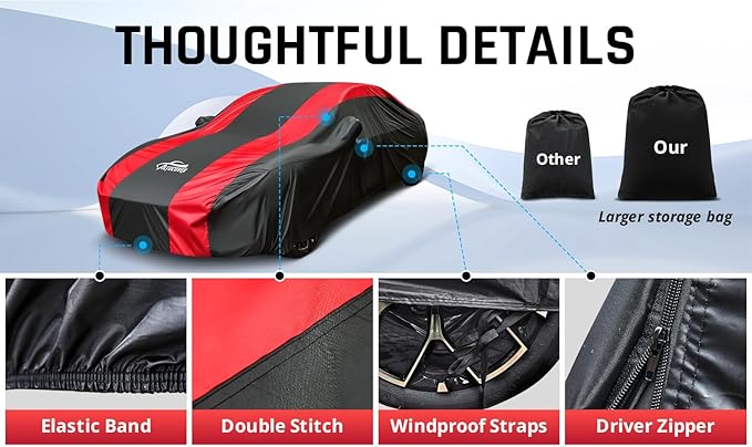 Full-Size Car Cover with Red Stripe Design,Outdoor Car Covers for Automobiles All Weather Waterproof Universal Fit Audi A8,BMW 7 Series, Lexus LS, Jaguar XJ,Benz S-Class,Buick La Crosse