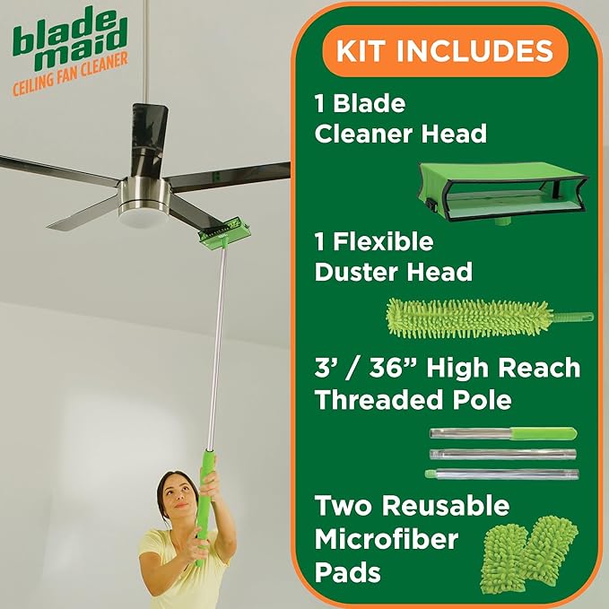 Blade Maid Ceiling Fan Blade Cleaner & Duster | Extendable Pole for High Ceilings, Moldings, Blinds, Walls & Cars, Corner Cleaning Tool, with Reusable Microfiber Pads | Size 3 feet (Pack of 1)