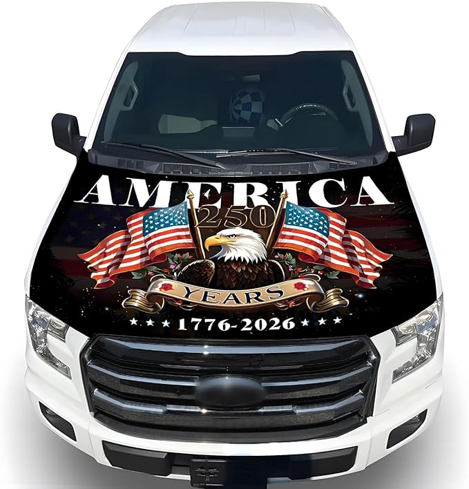 American Car Hood Cover - 59x51 250 Years American Car Hood Cover Flag Bonnet Banner with 2 Adjustable Triangular Fasteners, Universal Fit for Trucks, SUV, Patriotic Car America Flag Decor