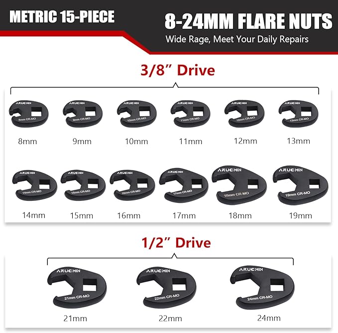 3/8" and 1/2" Drive Crowfoot Flare Nut Wrench Set, 15-Piece 8-24mm Metric Crows foot Wrench Set Chromium Molybdenum Steel with Organizer Box