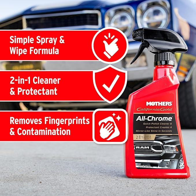 Mothers California Gold All-Chrome, 12 oz. – Cleans & Polishes Chrome, PVD & Chromed Plastics, Removes Fingerprints, Bugs, Water Spots & Smudges, Leaves a Brilliant Shine & Protective Barrier (05222)