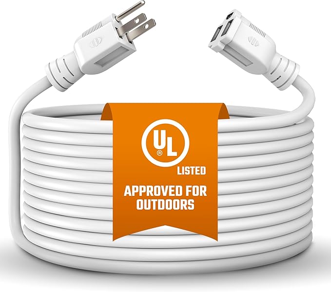 Heavy Duty Extension Cord/Wire Power Cable, Indoor/Outdoor, 16/3, Single Outlet, 30 Feet, UL Listed, White