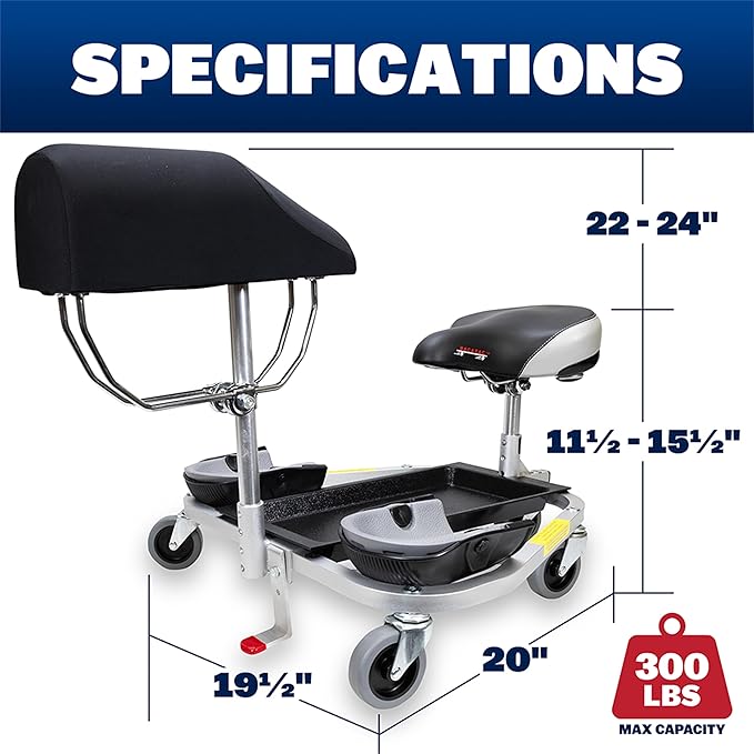 RACATAC Kneeling Sitting Creeper, 2 Inch Casters, Knee Pads, Adjustable Seat, Made in the USA, 01RACCS