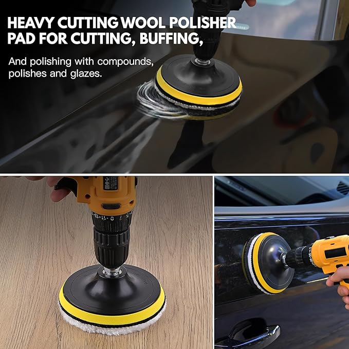 7 Pcs 3 Inch (80 mm) Wool Buffing Polishing Pad Car Polisher Buffer Drill Attachment with M10 Drill Adapter