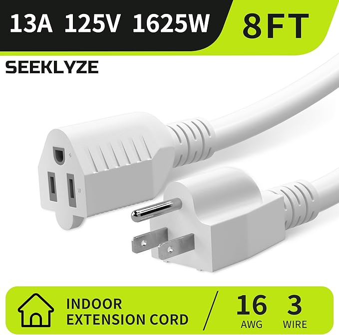 16/3 White Extension Cord 8 FT, Indoor Extension Cord for Laptops, Coffee Makers, Office Home Appliances, 3 Prong Resistant Cable Flexible, 13A 125V 1625W ETL Listed