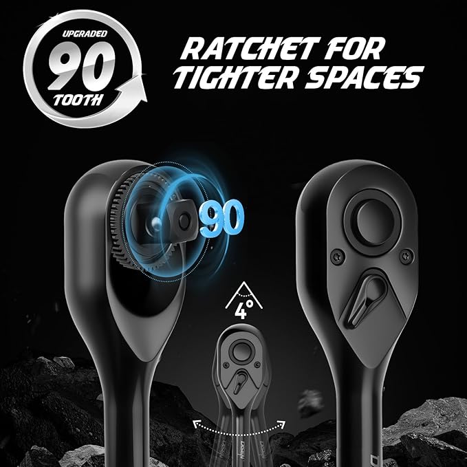 DISEN 3PCS Black Ratchet Set (1/2", 3/8", 1/4" Drive) - 90-Tooth Drive Ratchet Socket Wrench Reversible with Non-slip Rubber Grip, Quick Release & EVA Tray - Professional Ratchet Wrench Handle Kit