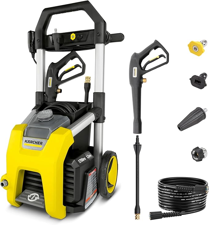 Kärcher Pressure Washer K1700, 3 Spray Nozzles, Detergent Tank, for Cars, Driveways, Siding, Patios, 2125 max. PSI, 1.46 max. GPM