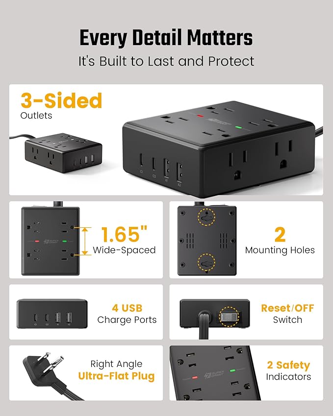 6Ft Extension Cord with Multiple Outlets, Flat Plug Power Strip Surge Protector, 8 Outlet 4 USB Ports (2 USB C), Wall Mountable, Desk Charging Station for Home Office, College Dorm Room Essentials