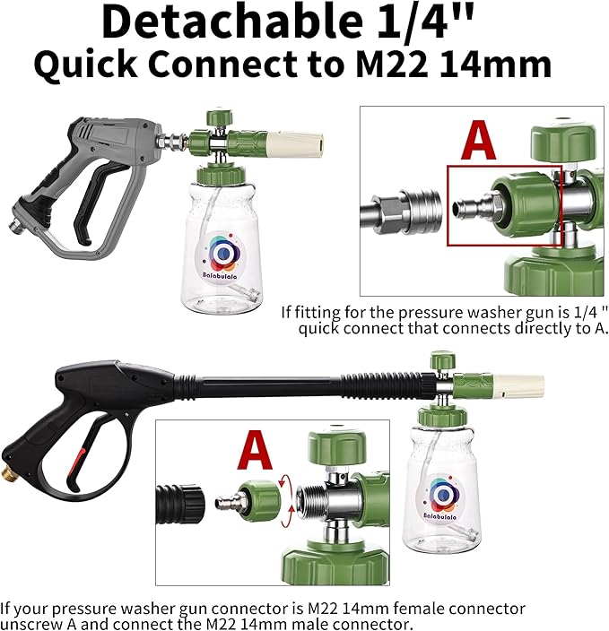Dual Connector Accessory with Pressure Washer Foam Cannon, Balabulala Pressure Washer Double Tip Attachment for Foam Blaster with with 5 Power Washer Sprayer Nozzles, 1/4" Quick Connect, 3600 PSI