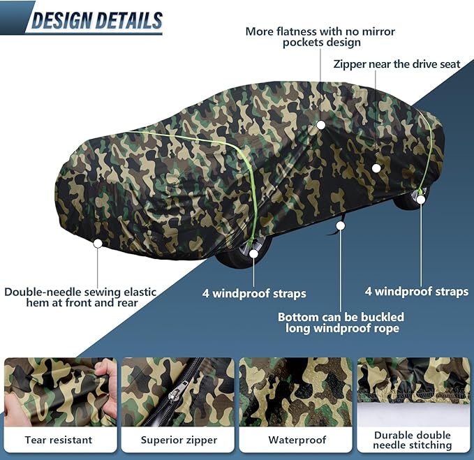 BYDOLL Car Cover Waterproof All Weather 6 Layers Snowproof Windproof Hail Protector Full Exterior Covers UV Protection 210D Oxford Universal Fit Sedan Outdoor Camo Automobiles Zipper Cotton Inside