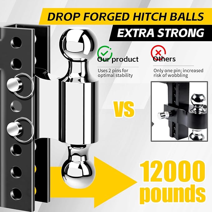 MaxxHaul 70380 Adjustable Dual Ball Mount – 12,000 lb & 8,000 lb Towing Capacity, 6‑1/2" Drop / 7‑1/2" Rise, Dual Hitch Balls (2" & 2‑5/16"), Fits 2" Receiver, Heavy‑Duty All‑Steel Construction