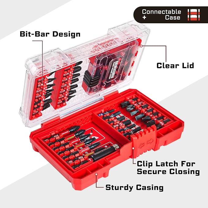 Geinxurn 65Pieces Impact Screwdriver Bits Set, Magnetic S2 Steel Phillips/Slotted/Square/Torx Insert Power Bits Tips, Impact Bit Holder with Red Storage Box Case