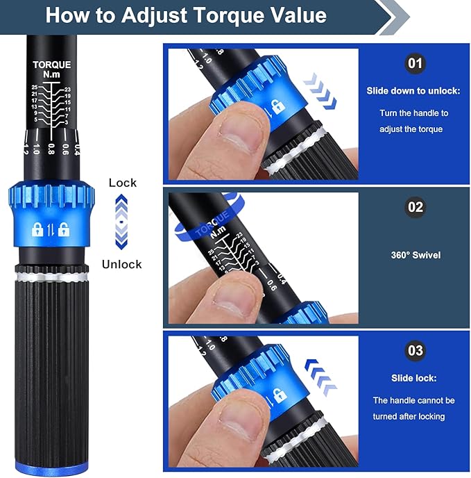1/4'' Newton Meter Torque Wrench, Bike Torque Wrench 1/4 3-25 NM/22.6-221.3 IN.LB，Dual-Direction Adjustable 72 Tooth Drive Small Torque Wrenches for Bike, Motorcycle and Car Repair