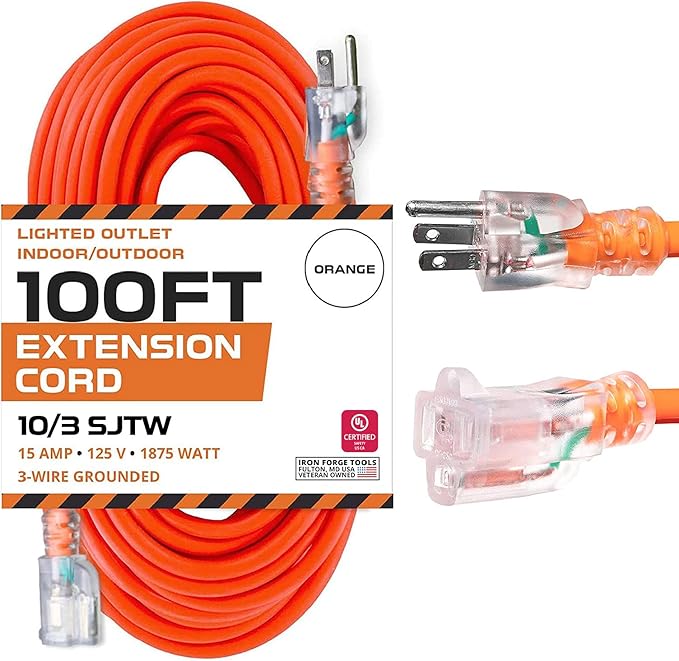 Iron Forge Cable Lighted Outdoor Extension Cord 100 Ft - 10 Gauge Heavy Duty Extension Cord, 15 AMP, 10/3 Orange Power Cable SJTW Weatherproof 3 Prong