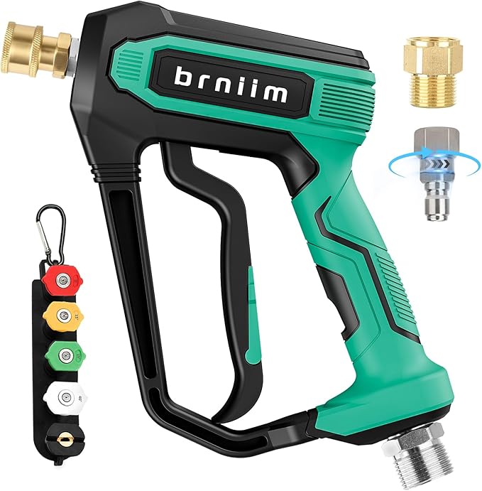 Short Pressure Washer Gun Pro - 5000 PSI/10.5 GPM Heavy-Duty Power Washer Gun w/ 5 Nozzles & 360° Anti-Kink Swivel-3/8 & 1/4" Quick Connect Compatible Foam Cannon/Dual Connecto/Car Wash Kit