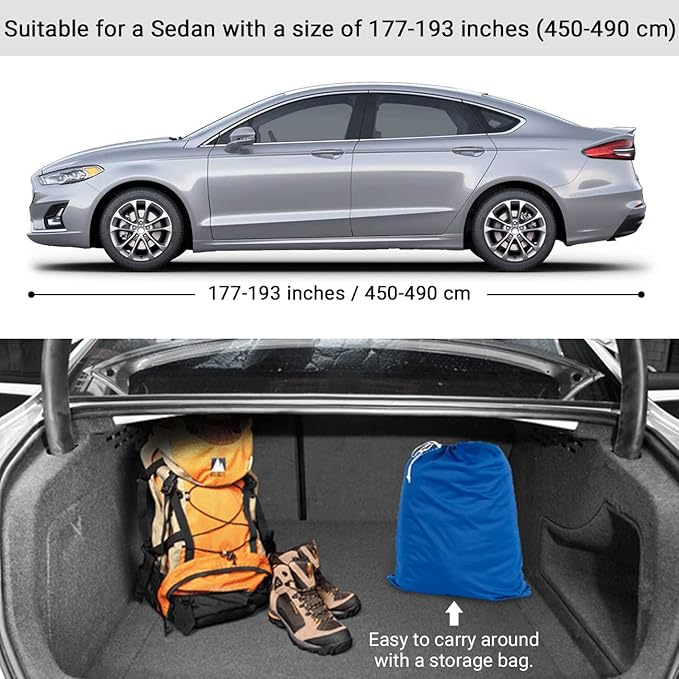 Favoto Car Cover Dustproof Sedan Indoor Stretch Cover Universal Fit 177-193 Inch Automobiles Full Car Cover with Storage Bag Breathable Windproof All-Weather Auto Vehicle Cover (Blue-Upgraded)