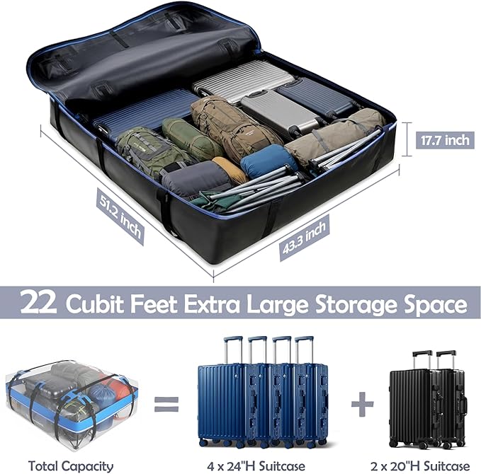 Rooftop Cargo Carrier, 22 Cubic Ft Car Roof Cargo Carrier for All Vehicles, 840D Waterproof Car Top Carrier with Anti-Slip Mat, 6 Hooks, Storage Bag,Zipper Lock for Tripping & Moving - Blue