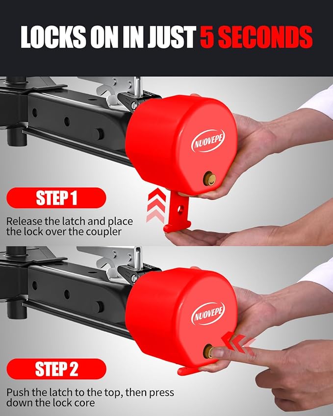 Heavy Duty Anti Theft Trailer Lock, Universal Fit 1-7/8", 2" and 2-5/16" Couplers, Reinforced Solid Steel Tow Lock for Trailer Tongue, Hitch Lock for RV, Cargo, Boat, Camper, Utility (Red)