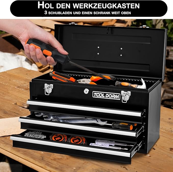 20.3“ Metal Tool Box with Drawers Portable Steel Tool Box with Protective Liner and Latch Closure and Lock for Garage, Home and Warehouse (Black-3 Drawers)