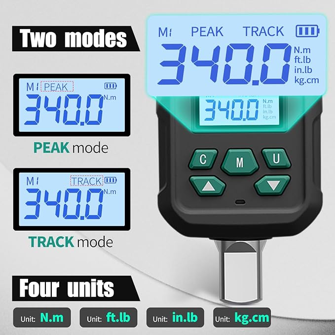 1/2" Digital Torque Adapter Set with Socket Adapters (1/4", 3/8") - 2% Accuracy, 12.5-250 ft-lb, Buzzer & LED Alerts, Working with Ratchet Wrench, Breaker Bar - for Automotive, Motorcycle & Car