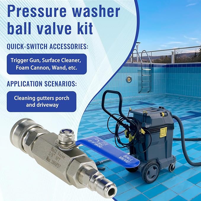 Pressure Washer Ball Valve Kit, NPT 3/8 Stainless Steel High Pressure Shut off Valve with Long Hand and 3/8" Quick Connect for Switching Power Washer Hose/Gun, Foam Cannon, Wand, 2000PSI