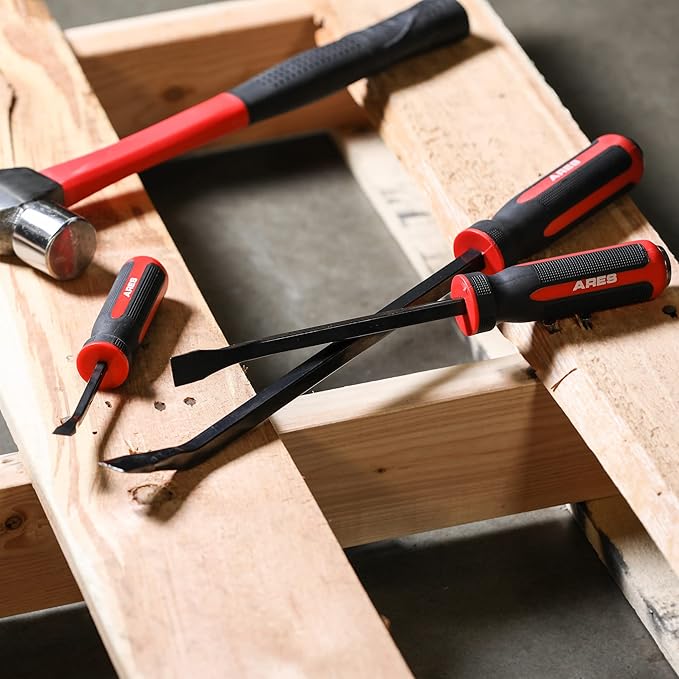 ARES 46006-12-Inch Pry Bar - Angled Tip for Lifting and Prying - Comfortable Non-Slip Double Injection Handle