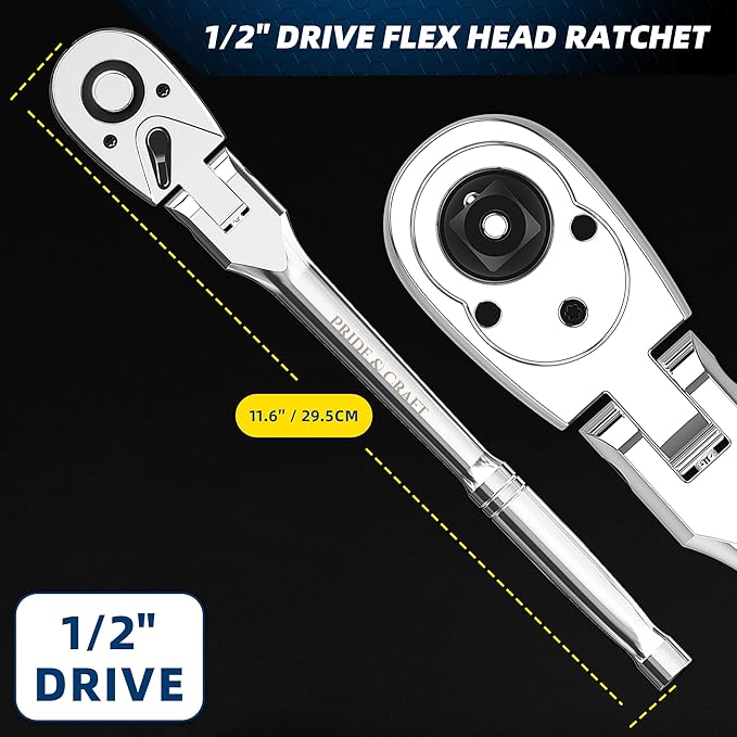 PRIDE&CRAFT 1/2" Drive Flex Head Ratchet 72-Tooth, Socket Wrench Quick Release Reversible Design, Swivel Head Ratchet, Chrome Alloy Made, EVA Organizer