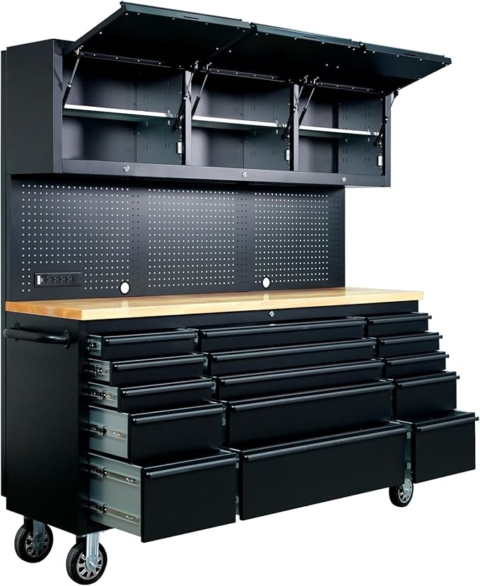 CHETTO C 72-inch Rolling Tool Chest Cabinet Mobile Workbench Black Tool Box with 3 Upper Cabinet 15 Storage Drawers Wheels Outlet SS Pegboard for Warehouses