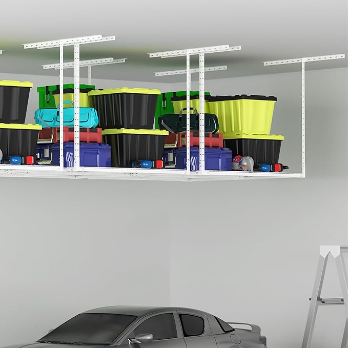 Soywey 3 x 4FT Overhead Garage Storage Rack,Adjustable Ceiling Storage Racks,Garage Shelving Heavy Duty Storage Organizer System,Load 400LBS Weight(White)