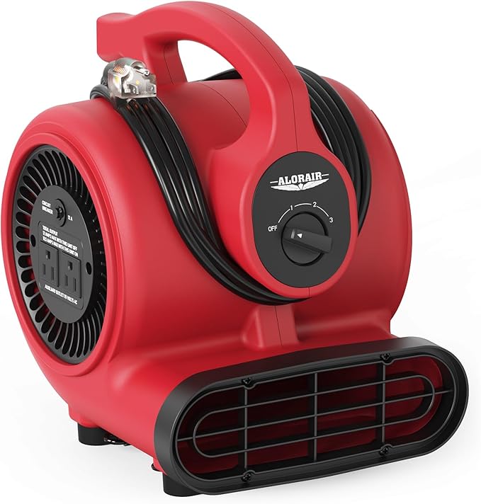 ALORAIR 600 CFM Air Mover Blower Fan for Industrial, Workshop, and Home Use - 3 Speeds, 5 Adjustable Angles and Daisy Chain - Ideal for Water Damage Restoration and Plumbing - GF600A Red