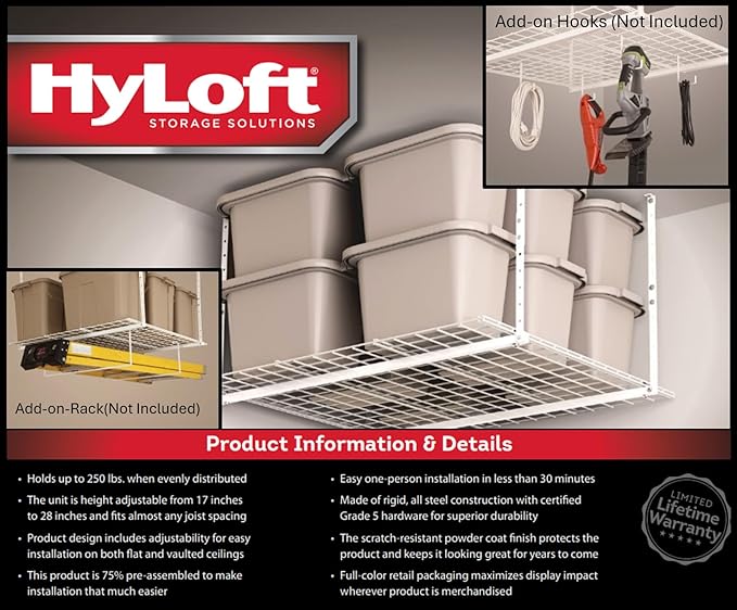 HyLoft Overhead adjustable Garage Storage Rack,Heavy Duty Steel Garage Storage System, 45-Inch x 45-Inch, White