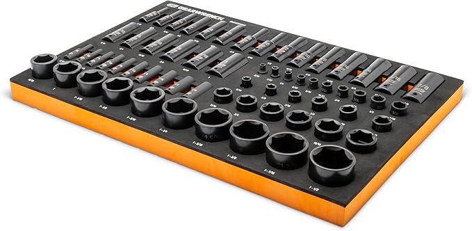 GEARWRENCH 63 Piece 1/4”, 3/8”, 1/2” Drive 6 Point SAE Impact Socket Set in Foam Storage Tray - GWMSISKSAE