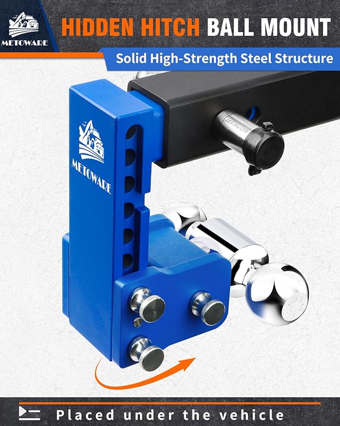 METOWARE Adjustable Trailer Hitches Fits 2 Inch Receiver, Adjustable Ball Mount with 6-Inch Drop/Rise (12,500 LBS GTW), Dual Ball (2" x 2-5/16") and Anti-Theft Stainless Steel Trailer Lock (Blue)