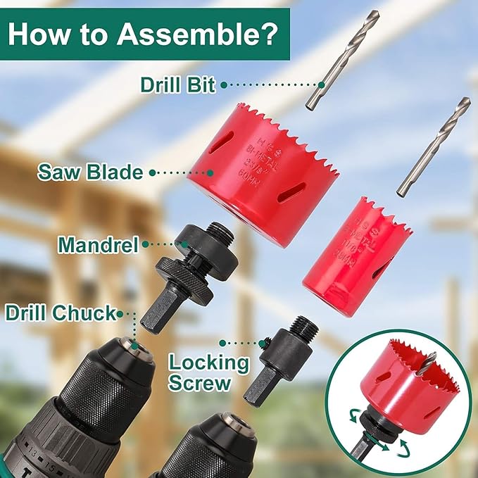 HYCHIKA 18V Cordless Hammer Drill Driver, Bi-Metal Hole Saw Kit 3/4" to 2-1/2", Tool Combo Kit