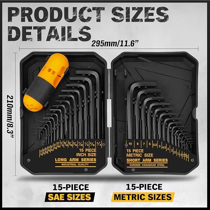 ELEAD 31-Piece Hex Key Set - Allen Wrench Set, SAE and Metric Allen Keys MM(0.7mm-10mm) SAE(0.028"-3/8) Heat-Treated, Torque Handle, High Leverage, Long & Short Keys, Easy Organization