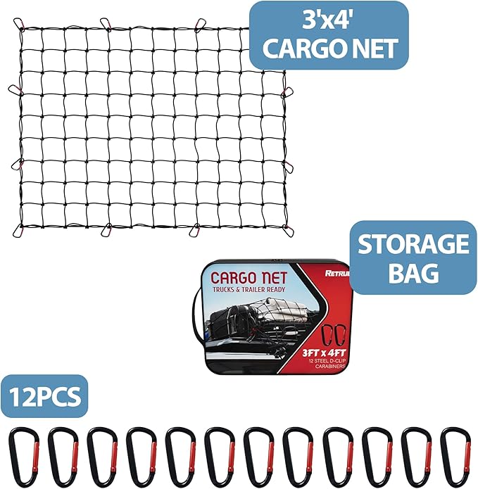 4' x 3' Cargo Net for Pickup Truck Bed Stretches to 8' x 6' with 12 Metal Carabiners - Truck Bed Accessories for Dodge RAM, Ford, Chevy, Toyota