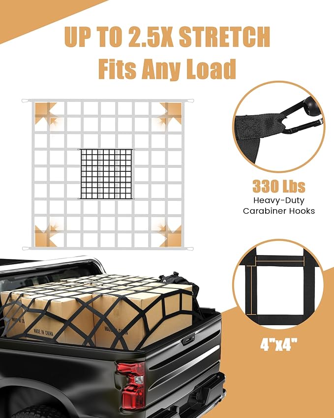 The First Flat Bungee Cargo Net for Pickup Truck Bed, 4' x 6' Stretches to 10' x 15', 25 MM Heavy Duty Cargo Net with 2 Using Modes, for Dodge RAM, Ford, Chevy, Toyota, etc