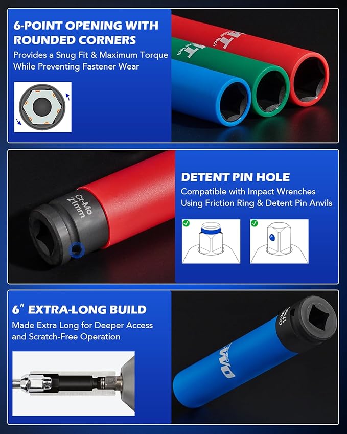 Orion Motor Tech Lug Nut Socket Set, 3pc 1/2" Drive Extra Long Impact Sockets with 17mm 19mm 21mm Metric Sockets, 6" Thin Wall Wheel Lug Nut Deep Sockets with Colored Protective Covers & Carry Case
