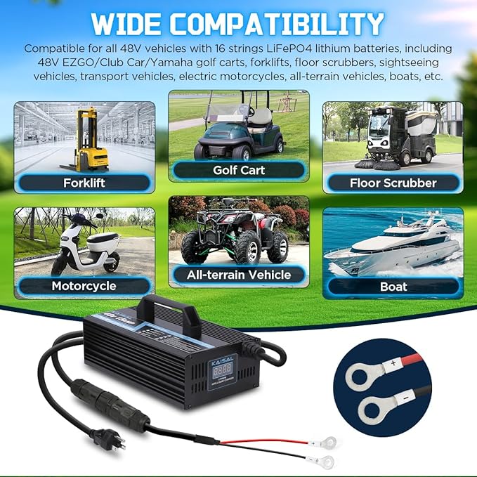 KAISAL 48V/58.4V 15A Lifepo4 Battery Charger - Onboard 48 Volt Lithium Golf Cart & Forklift Charger with IP68 Waterproof Removable Plug