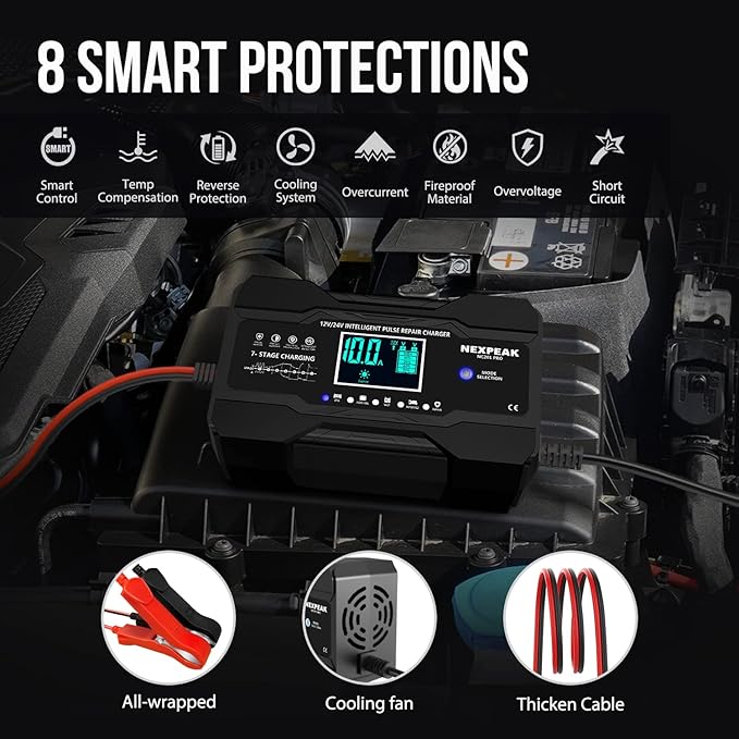 NEXPEAK 10-Amp Car Battery Charger, 12V and 24V Smart Fully Automatic Maintainer Trickle Charger w/Temperature Compensation for Truck Motorcycle Lawn Mower Boat Marine Lead Acid Batteries