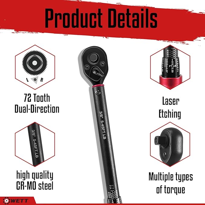WETT 3Pcs Torque Wrench Set, 1/4'' & 3/8'' & 1/2'' Drive Click Torque Wrench, Dual-Direction Adjustable Reversible 72-Tooth Ratchet Handle, 20-240IN.LB, 5-45FT.LB, 20-160FT.LB