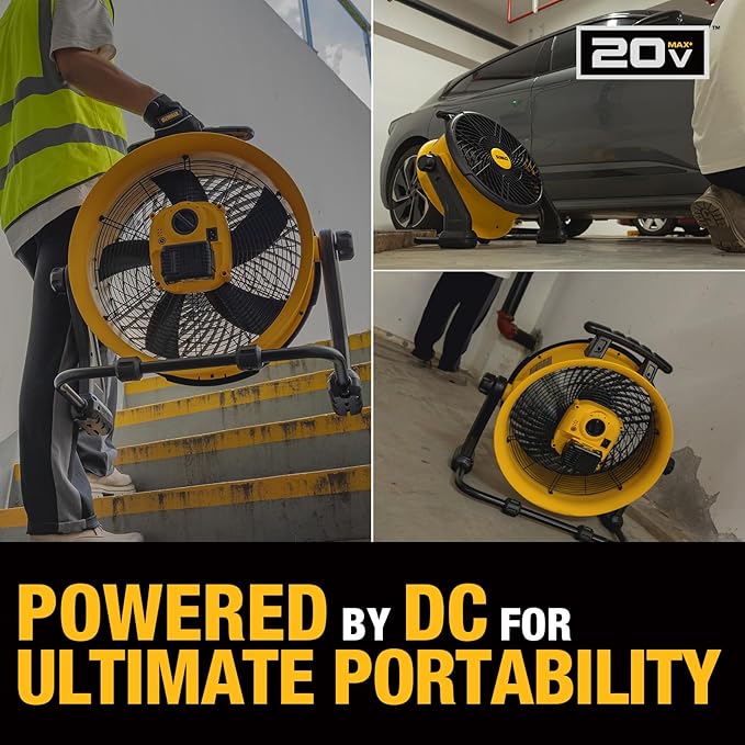 DEWALT Industrial High-Velocity Floor Fan AC/DC Dual Power Supply, 270° Adjustable Tilt Design 3-Speed 4000 CFM 6 ft Cord 18-Inch Barrel Fan, DXF1850B (Tool Only)