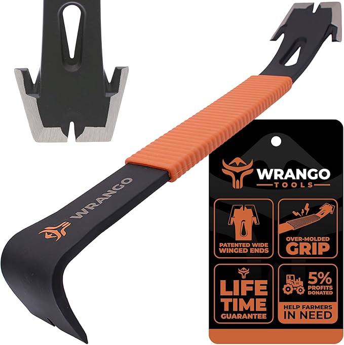 Wrango Tools - 15" Flat Bar Pry Bar - Patented Wide Winged Ends - Heavy Duty Crowbar with Nail Pullers - High Carbon Steel with Shock Absorbing Grip - Roofing & Construction Tool - 5% Donated To Help Farmers