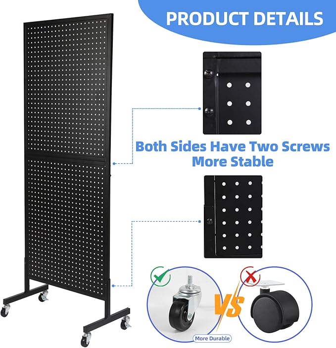 NectaCol 2'x 5' Standing Pegboard Display with T-Base, Pegboard Display Stand with Wheels, Metal Peg Board Display Rack, Art Display Stand, Extra 10 Pieces Hooks - Black