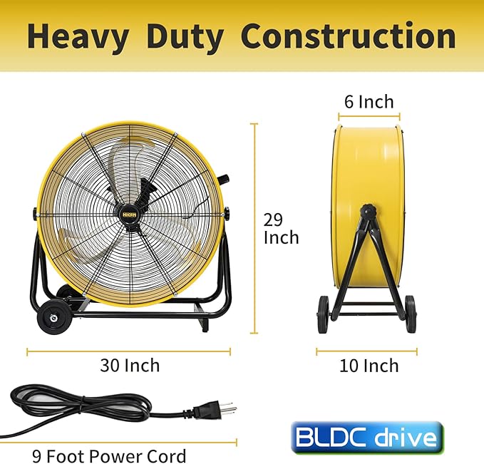 HiCFM 8800 CFM 24 inch BLDC Drive Drum Fan with High Efficiency EC Motor, Variable Speed Control, Friendly Noise Operation for Air Circulation, UL Listed